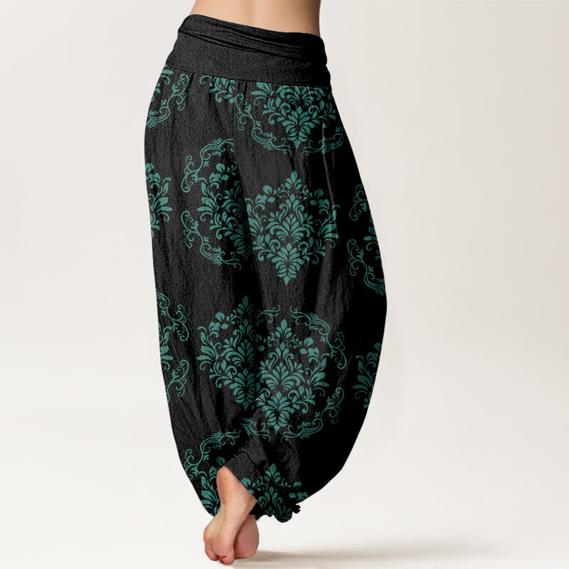 Pantalones harén de cintura elástica para mujer con motivos florales simétricos e informales de Buddha Stones - image 9