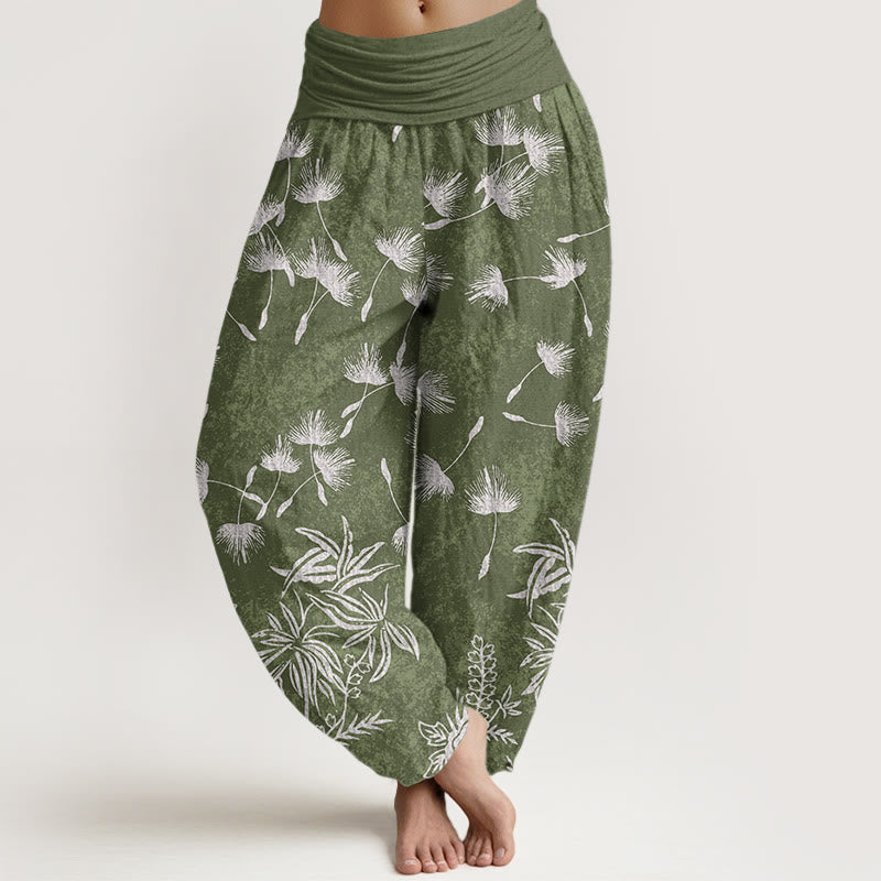 Pantalones harén de cintura elástica para mujer con estampado de semillas de diente de león y plantas de Buddha Stones - Verde mar oscuro - US22，UK/AU26，EU54 (6XL) - image 5