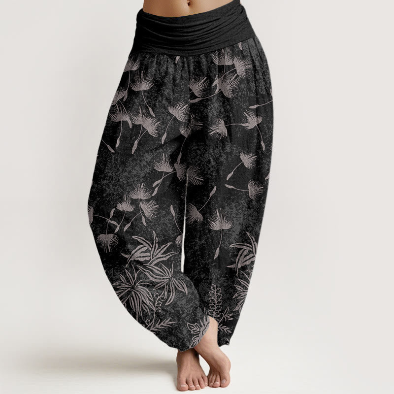 Pantalones harén de cintura elástica para mujer con estampado de semillas de diente de león y plantas de Buddha Stones - Negro - US22，UK/AU26，EU54 (6XL) - image 8