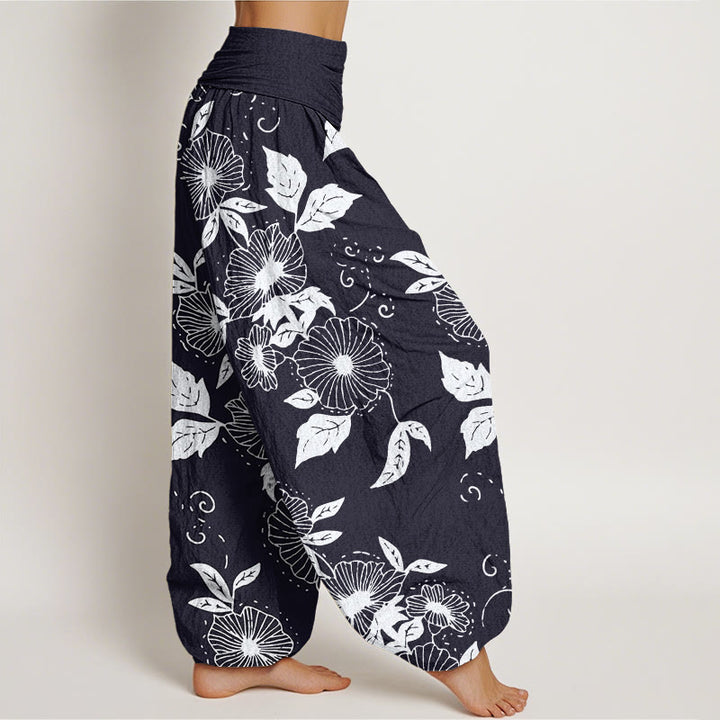 Pantalones harén de cintura elástica para mujer con estampado de flores de vid y hojas de Buddha Stones - image 2
