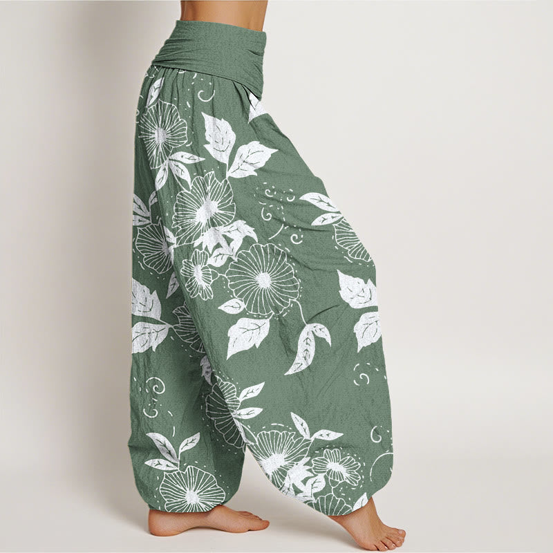 Pantalones harén de cintura elástica para mujer con estampado de flores de vid y hojas de Buddha Stones - image 7