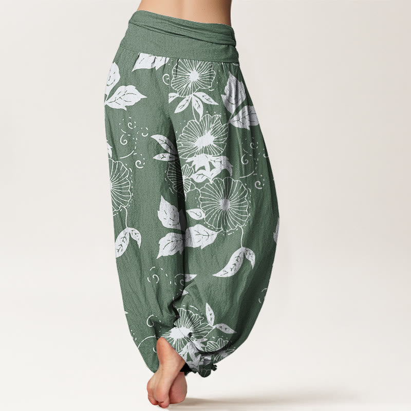 Pantalones harén de cintura elástica para mujer con estampado de flores de vid y hojas de Buddha Stones - image 6