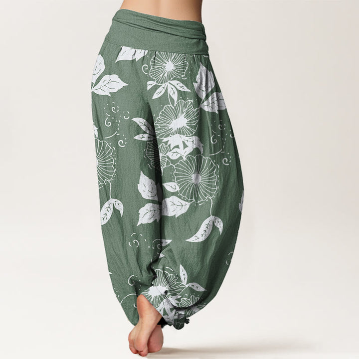 Pantalones harén de cintura elástica para mujer con estampado de flores de vid y hojas de Buddha Stones - image 6