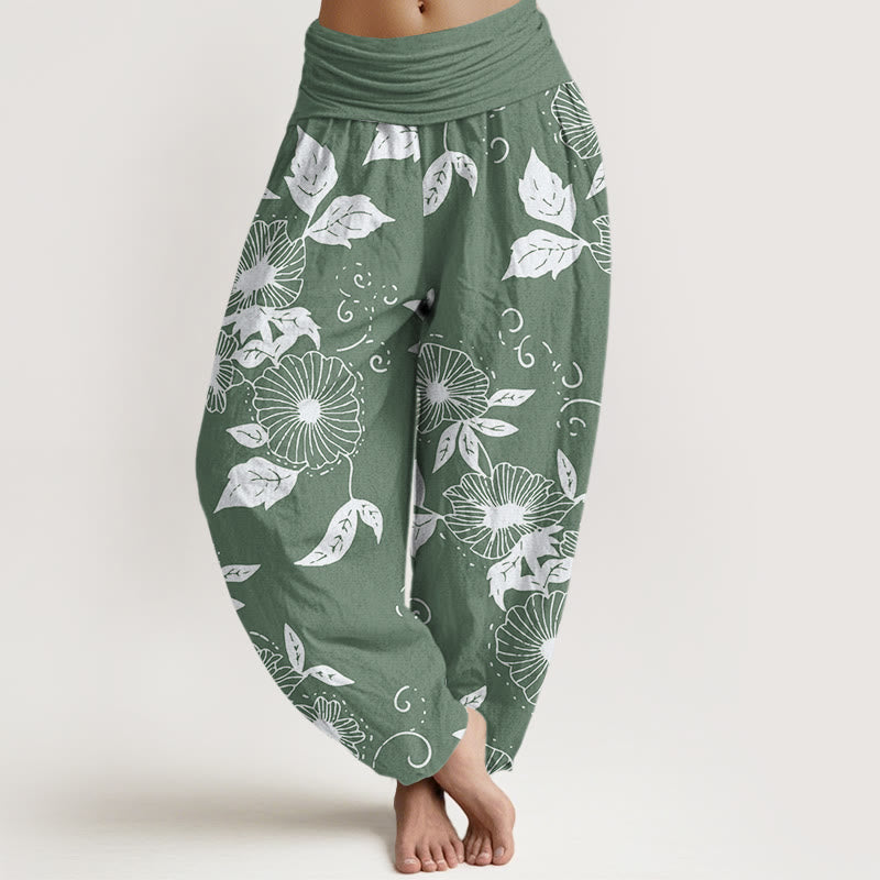 Pantalones harén de cintura elástica para mujer con estampado de flores de vid y hojas de Buddha Stones - Verde mar oscuro - US22，UK/AU26，EU54 (6XL) - image 5