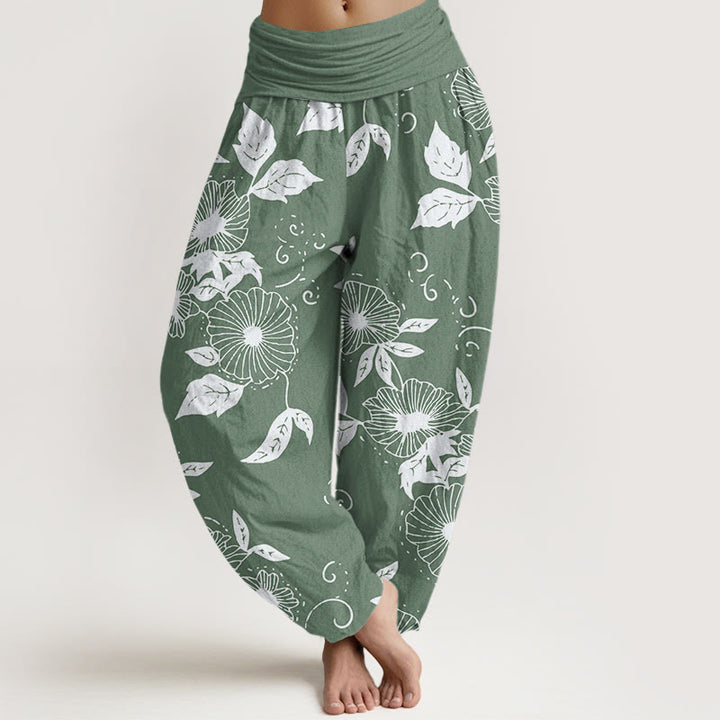 Pantalones harén de cintura elástica para mujer con estampado de flores de vid y hojas de Buddha Stones - Verde mar oscuro - US22，UK/AU26，EU54 (6XL) - image 5