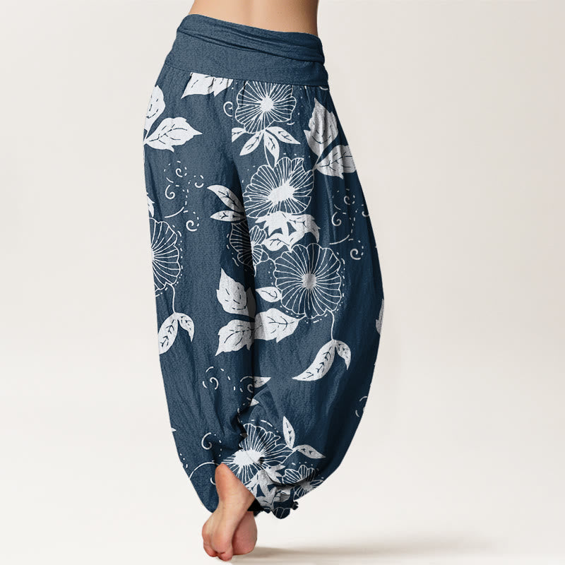 Pantalones harén de cintura elástica para mujer con estampado de flores de vid y hojas de Buddha Stones - image 10