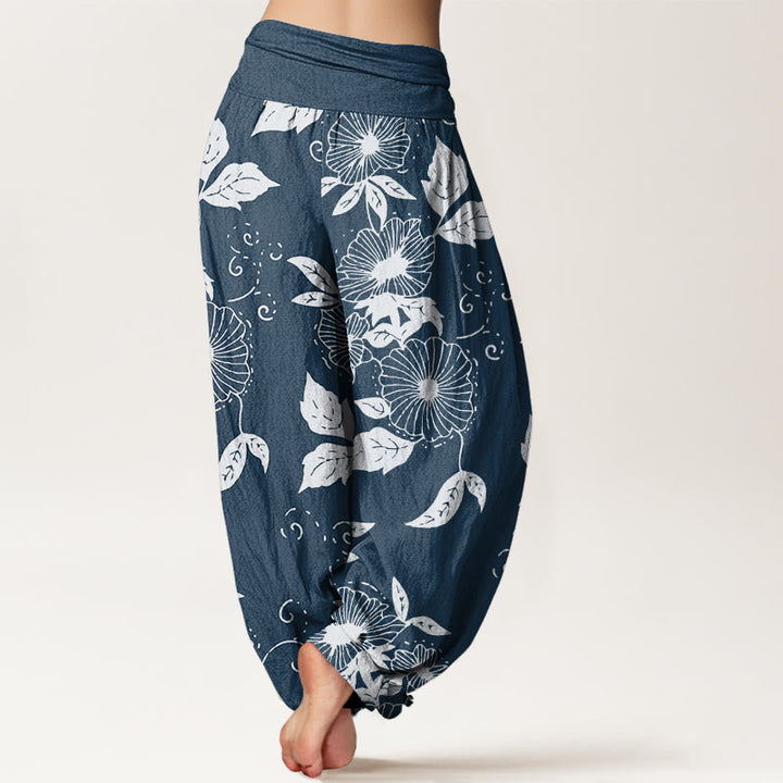 Pantalones harén de cintura elástica para mujer con estampado de flores de vid y hojas de Buddha Stones - image 10