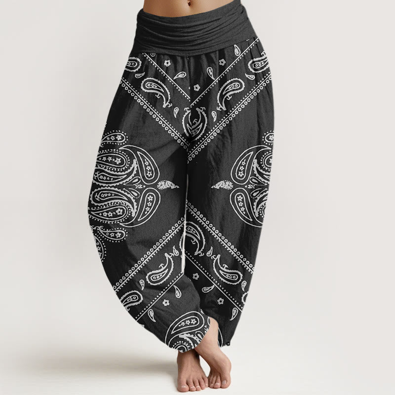 Pantalones harén con cintura elástica para mujer, con estampado floral, hojas y cachemira, estilo casual, Buddha Stones - Negro - US22，UK/AU26，EU54 (6XL) - image 1