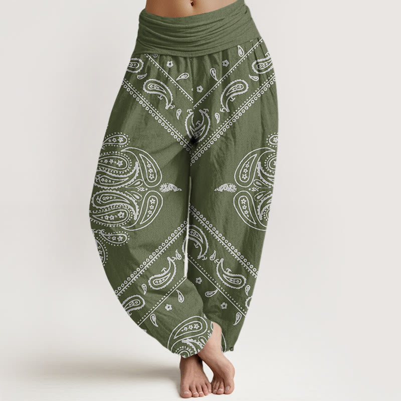 Pantalones harén con cintura elástica para mujer, con estampado floral, hojas y cachemira, estilo casual, Buddha Stones - Verde mar oscuro - US22，UK/AU26，EU54 (6XL) - image 4