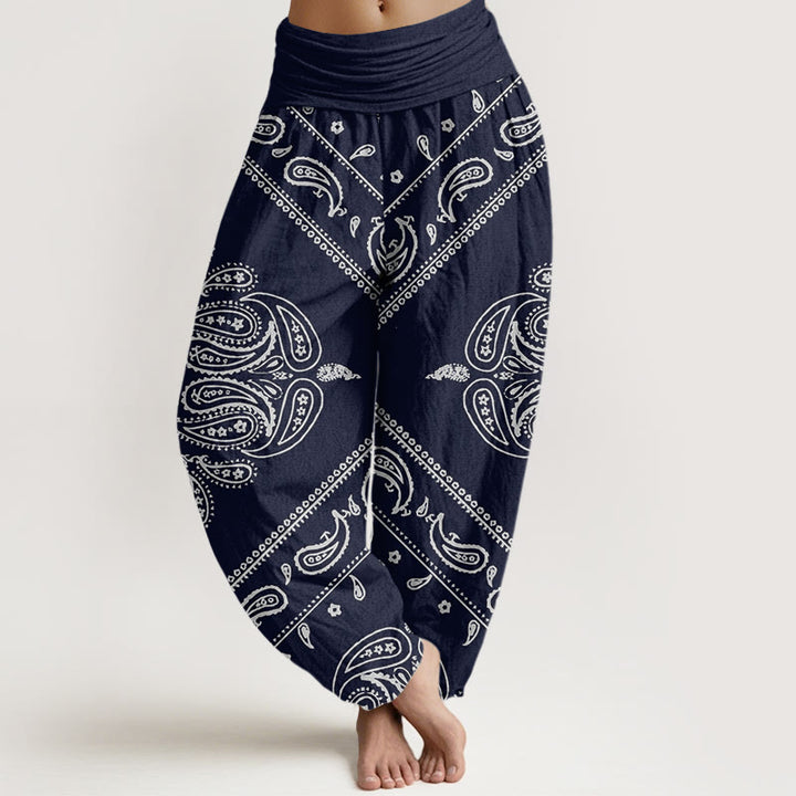 Pantalones harén con cintura elástica para mujer, con estampado floral, hojas y cachemira, estilo casual, Buddha Stones - Azul oscuro - US22，UK/AU26，EU54 (6XL) - image 8