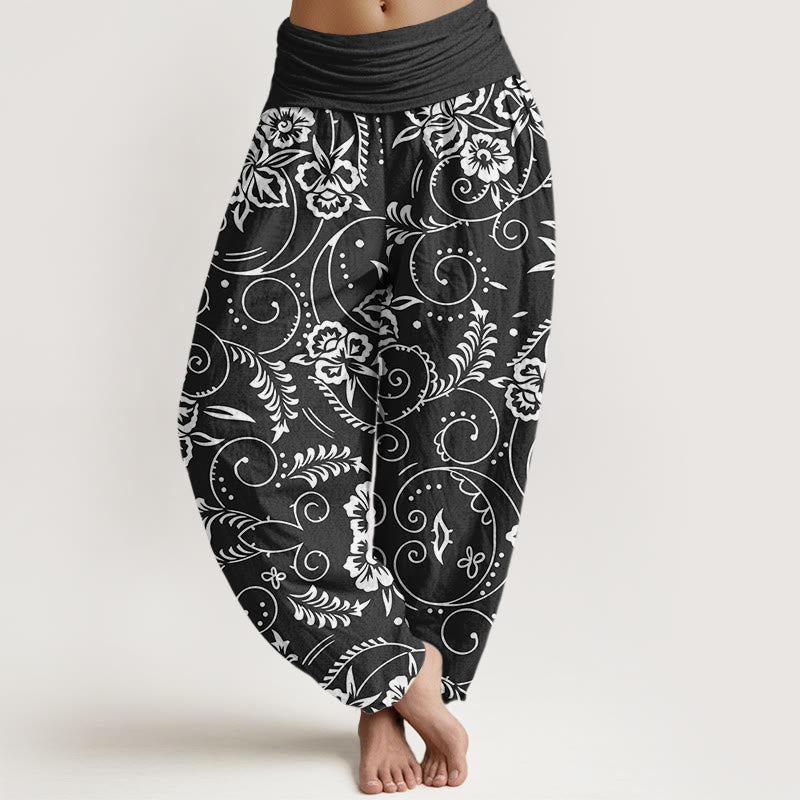 Pantalones harén con cintura elástica para mujer, con estampado floral de vides y piedras de Buddha Stones - Negro - US22，UK/AU26，EU54 (6XL) - image 8