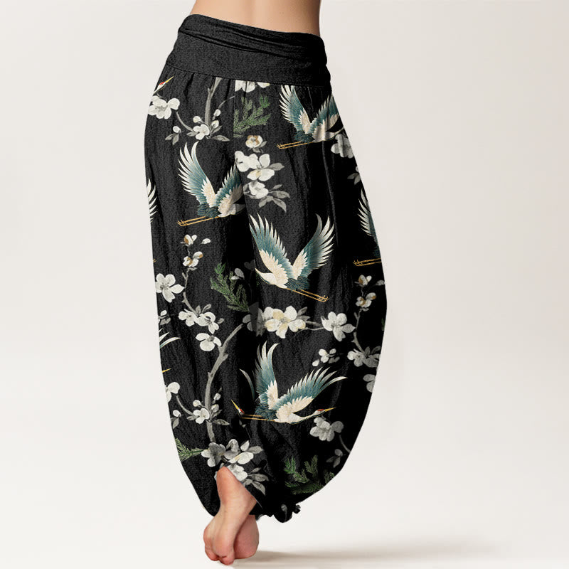 Pantalones harén con cintura elástica para mujer, informales, con estampado de flores y grullas voladoras de Buddha Stones - image 3