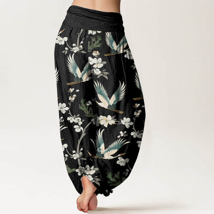 Pantalones harén con cintura elástica para mujer, informales, con estampado de flores y grullas voladoras de Buddha Stones - image 3