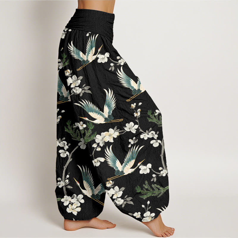 Pantalones harén con cintura elástica para mujer, informales, con estampado de flores y grullas voladoras de Buddha Stones - image 2