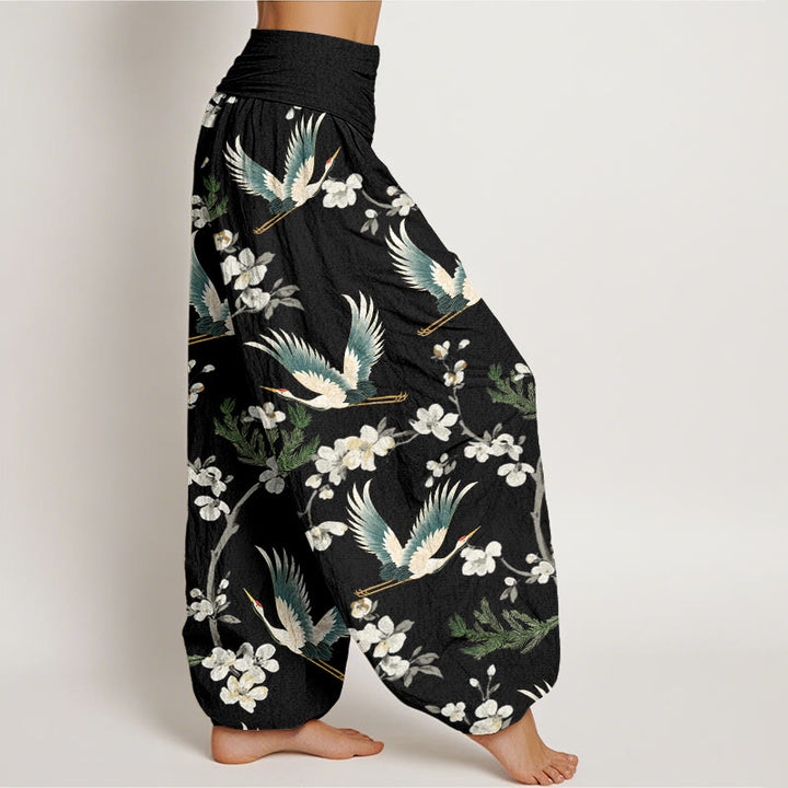 Pantalones harén con cintura elástica para mujer, informales, con estampado de flores y grullas voladoras de Buddha Stones - image 2