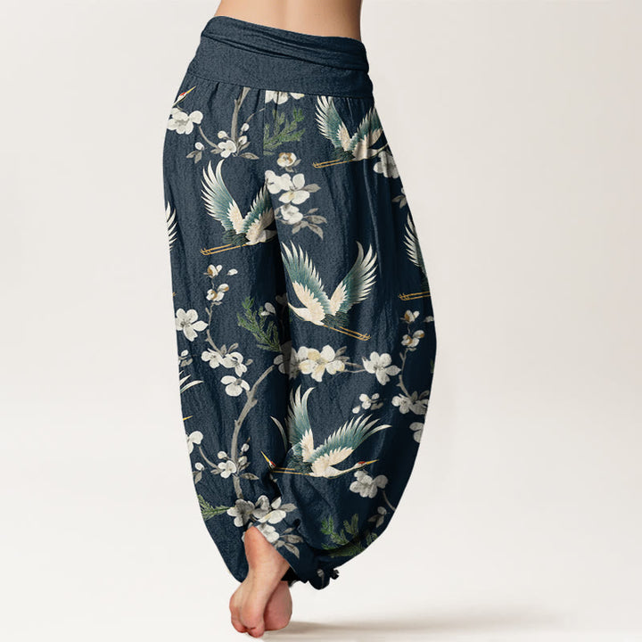 Pantalones harén con cintura elástica para mujer, informales, con estampado de flores y grullas voladoras de Buddha Stones - image 7