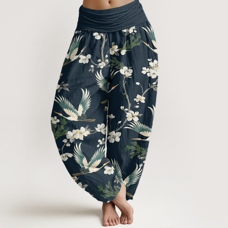 Pantalones harén con cintura elástica para mujer, informales, con estampado de flores y grullas voladoras de Buddha Stones - Marina de guerra - US22，UK/AU26，EU54 (6XL) - image 5
