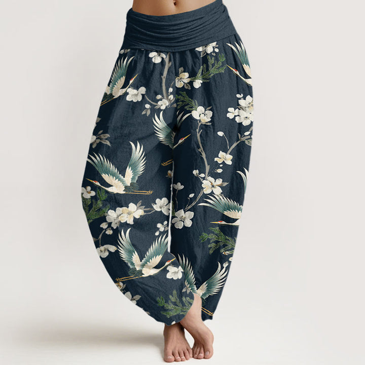 Pantalones harén con cintura elástica para mujer, informales, con estampado de flores y grullas voladoras de Buddha Stones - Marina de guerra - US22，UK/AU26，EU54 (6XL) - image 5