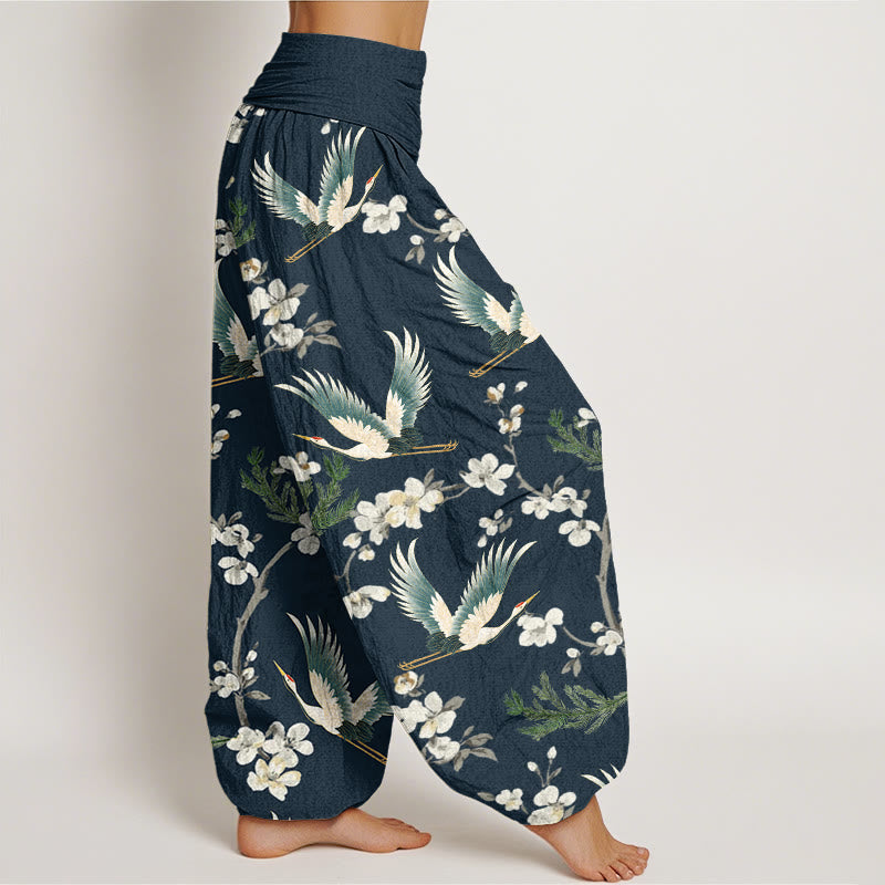 Pantalones harén con cintura elástica para mujer, informales, con estampado de flores y grullas voladoras de Buddha Stones - image 6