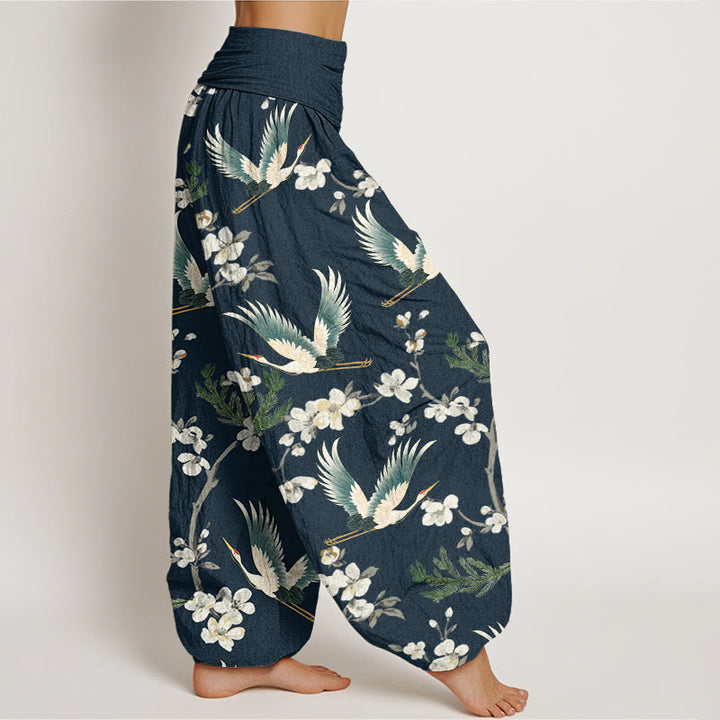 Pantalones harén con cintura elástica para mujer, informales, con estampado de flores y grullas voladoras de Buddha Stones - image 6
