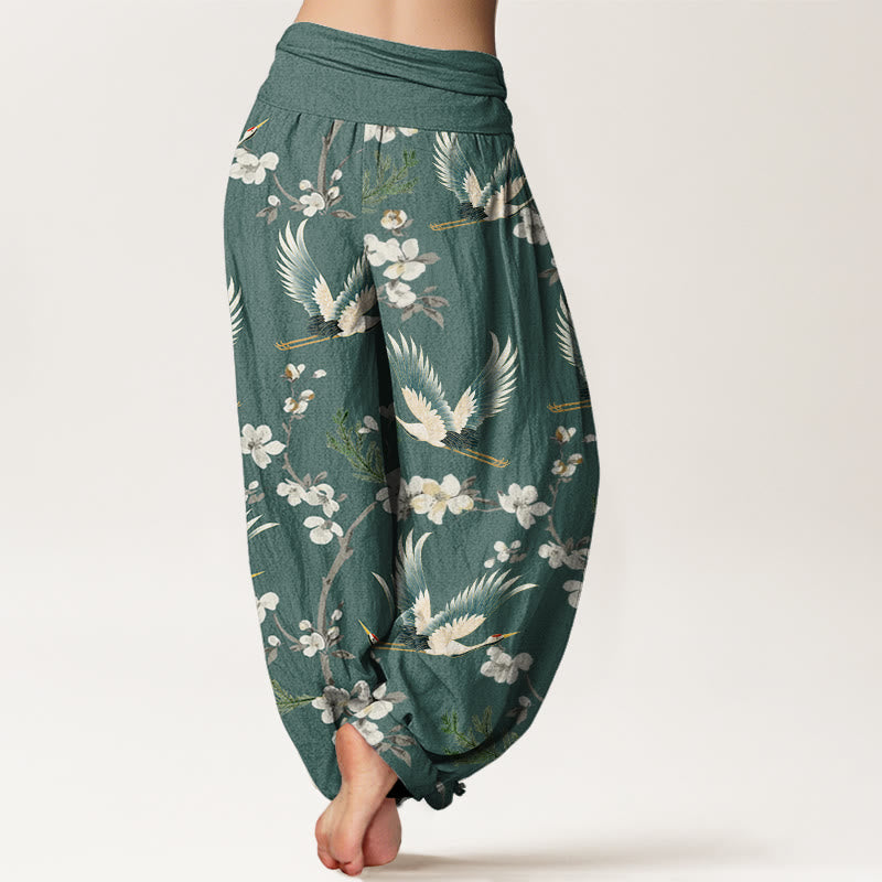Pantalones harén con cintura elástica para mujer, informales, con estampado de flores y grullas voladoras de Buddha Stones - image 10