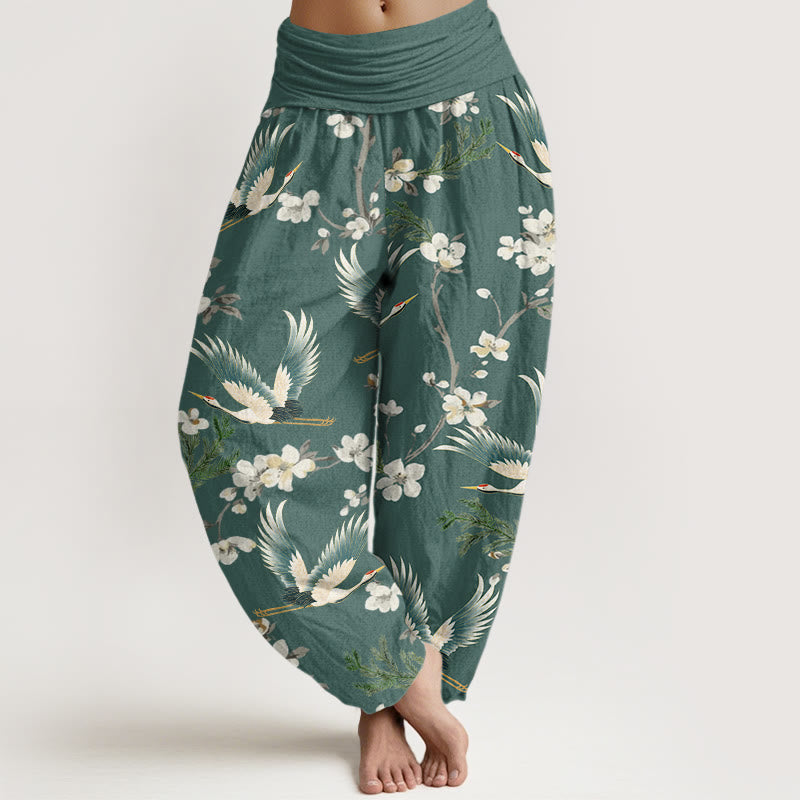 Pantalones harén con cintura elástica para mujer, informales, con estampado de flores y grullas voladoras de Buddha Stones - Aguamarina mediana - US22，UK/AU26，EU54 (6XL) - image 8
