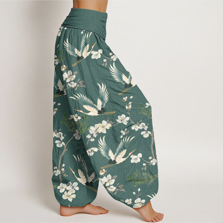 Pantalones harén con cintura elástica para mujer, informales, con estampado de flores y grullas voladoras de Buddha Stones - image 9