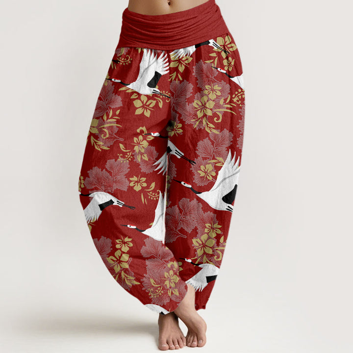 Pantalones harén con cintura elástica para mujer, con estampado de grullas voladoras y flores de cerezo, estilo casual, con Buddha Stones - Ladrillo refractario - US22，UK/AU26，EU54 (6XL) - image 1