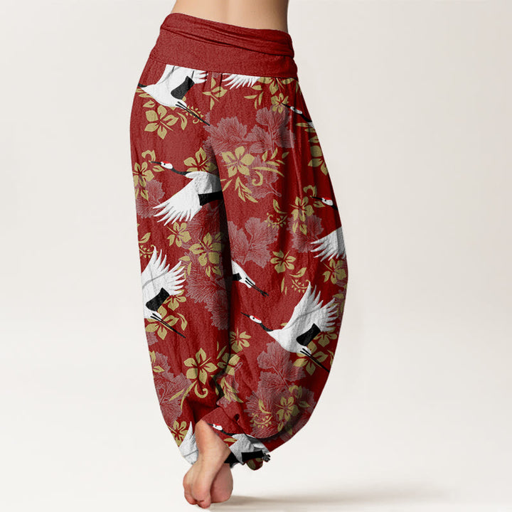 Pantalones harén con cintura elástica para mujer, con estampado de grullas voladoras y flores de cerezo, estilo casual, con Buddha Stones - image 3