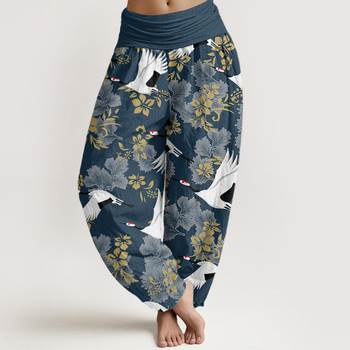 Pantalones harén con cintura elástica para mujer, con estampado de grullas voladoras y flores de cerezo, estilo casual, con Buddha Stones - Azul acero - US22，UK/AU26，EU54 (6XL) - image 5