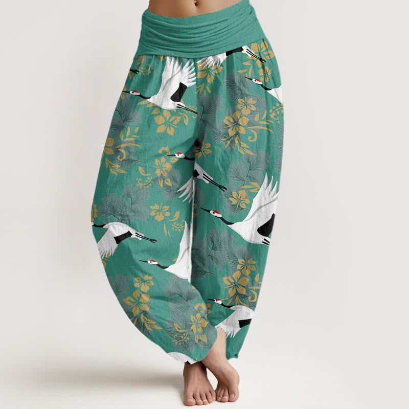 Pantalones harén con cintura elástica para mujer, con estampado de grullas voladoras y flores de cerezo, estilo casual, con Buddha Stones - Verde mar claro - US22，UK/AU26，EU54 (6XL) - image 8
