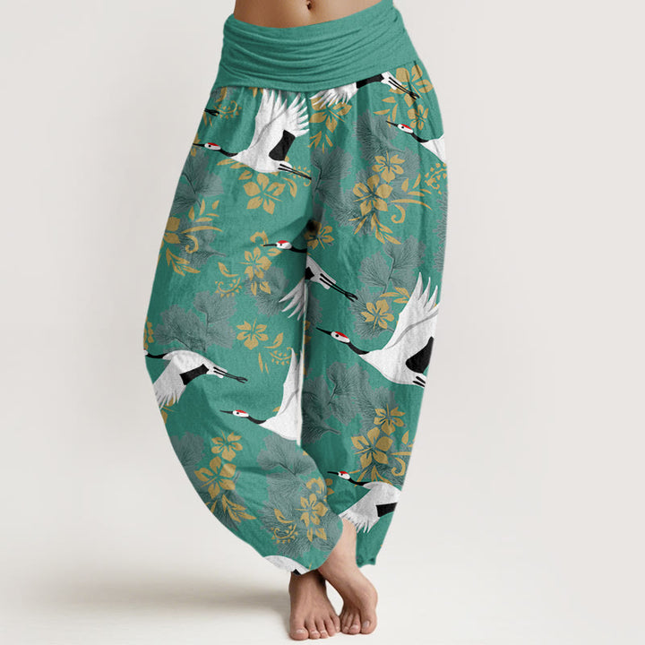 Pantalones harén con cintura elástica para mujer, con estampado de grullas voladoras y flores de cerezo, estilo casual, con Buddha Stones - Verde mar claro - US22，UK/AU26，EU54 (6XL) - image 8