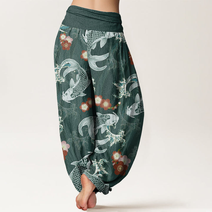 Pantalones harén informales con estampado de flores de cerezo y peces koi de Buddha Stones para mujer, con cintura elástica - image 3