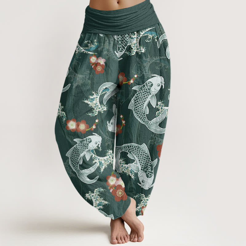 Pantalones harén informales con estampado de flores de cerezo y peces koi de Buddha Stones para mujer, con cintura elástica - Cian oscuro - US22，UK/AU26，EU54 (6XL) - image 1