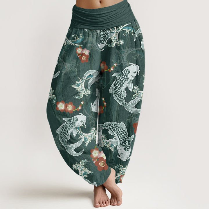 Pantalones harén informales con estampado de flores de cerezo y peces koi de Buddha Stones para mujer, con cintura elástica - Cian oscuro - US22，UK/AU26，EU54 (6XL) - image 1