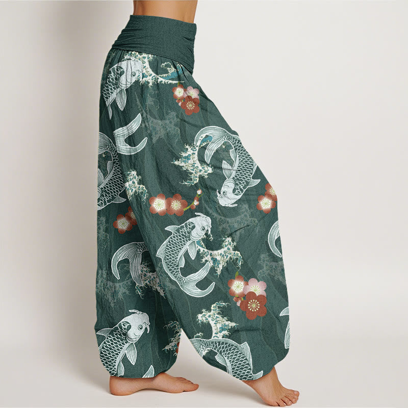 Pantalones harén informales con estampado de flores de cerezo y peces koi de Buddha Stones para mujer, con cintura elástica - image 2