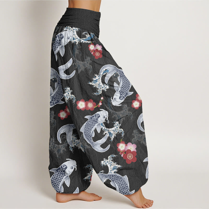 Pantalones harén informales con estampado de flores de cerezo y peces koi de Buddha Stones para mujer, con cintura elástica - image 6