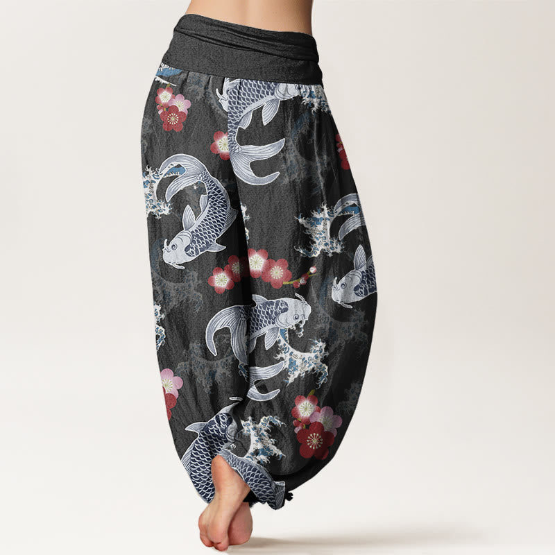 Pantalones harén informales con estampado de flores de cerezo y peces koi de Buddha Stones para mujer, con cintura elástica - image 7