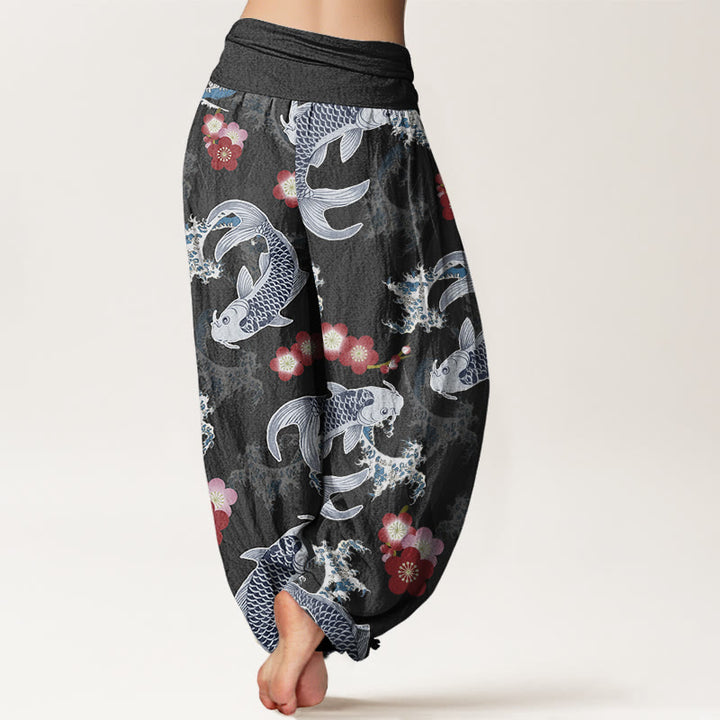 Pantalones harén informales con estampado de flores de cerezo y peces koi de Buddha Stones para mujer, con cintura elástica - image 7