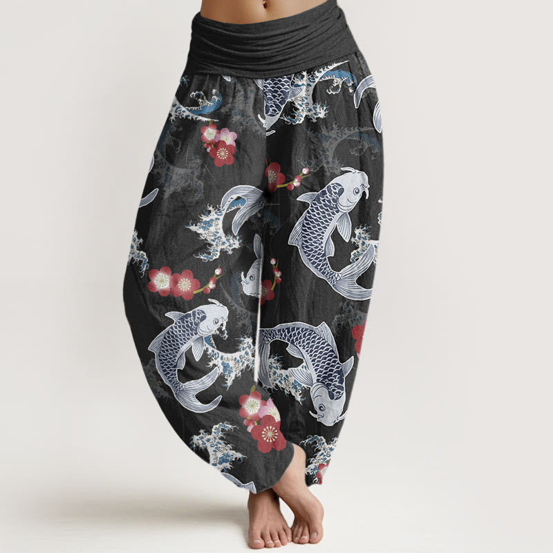 Pantalones harén informales con estampado de flores de cerezo y peces koi de Buddha Stones para mujer, con cintura elástica - Negro - US22，UK/AU26，EU54 (6XL) - image 5