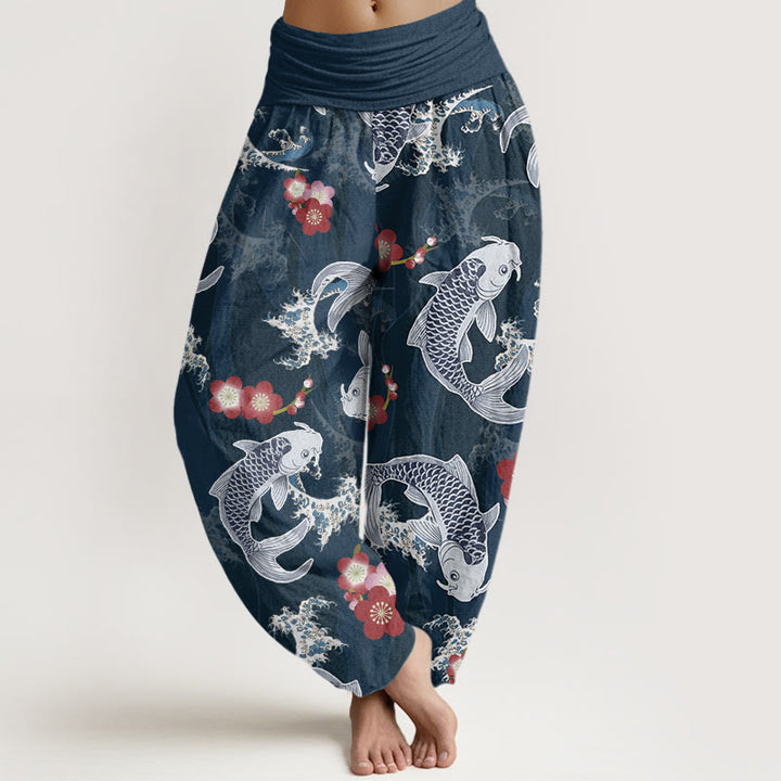 Pantalones harén informales con estampado de flores de cerezo y peces koi de Buddha Stones para mujer, con cintura elástica - Azul acero - US22，UK/AU26，EU54 (6XL) - image 8