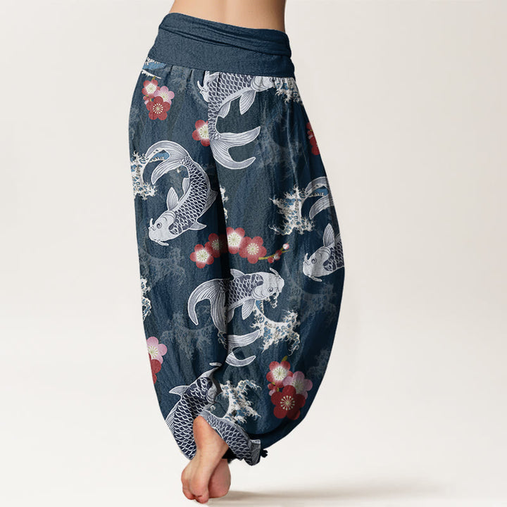 Pantalones harén informales con estampado de flores de cerezo y peces koi de Buddha Stones para mujer, con cintura elástica - image 10
