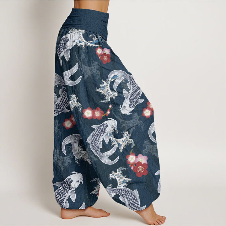 Pantalones harén informales con estampado de flores de cerezo y peces koi de Buddha Stones para mujer, con cintura elástica - image 9