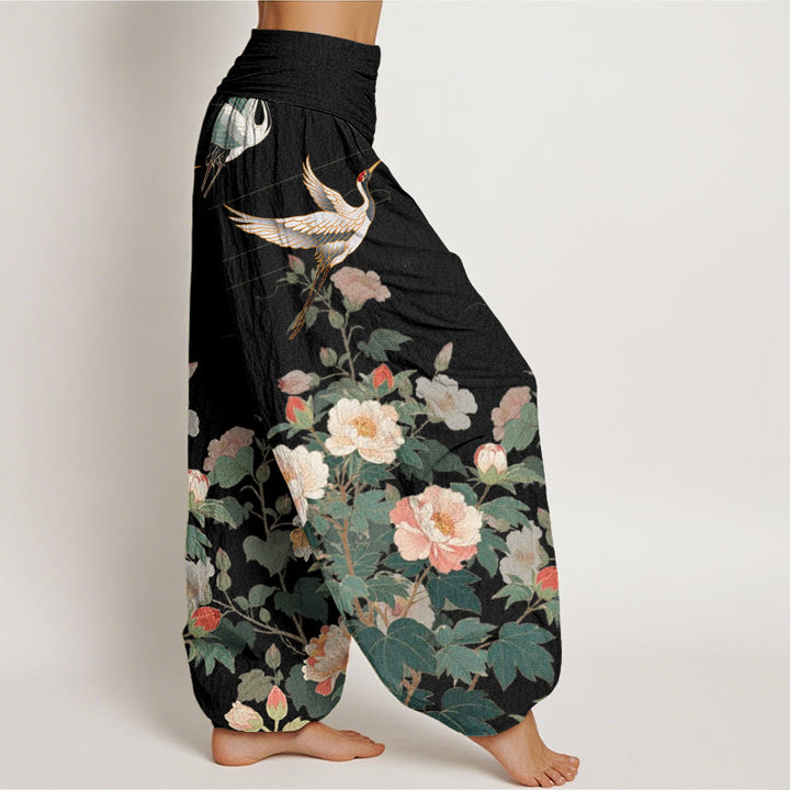 Pantalones harén con cintura elástica para mujer, con estampado de peonías y grullas informales de Buddha Stones - image 2