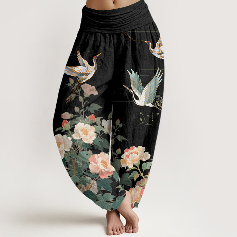 Pantalones harén con cintura elástica para mujer, con estampado de peonías y grullas informales de Buddha Stones - Negro - US22，UK/AU26，EU54 (6XL) - image 1