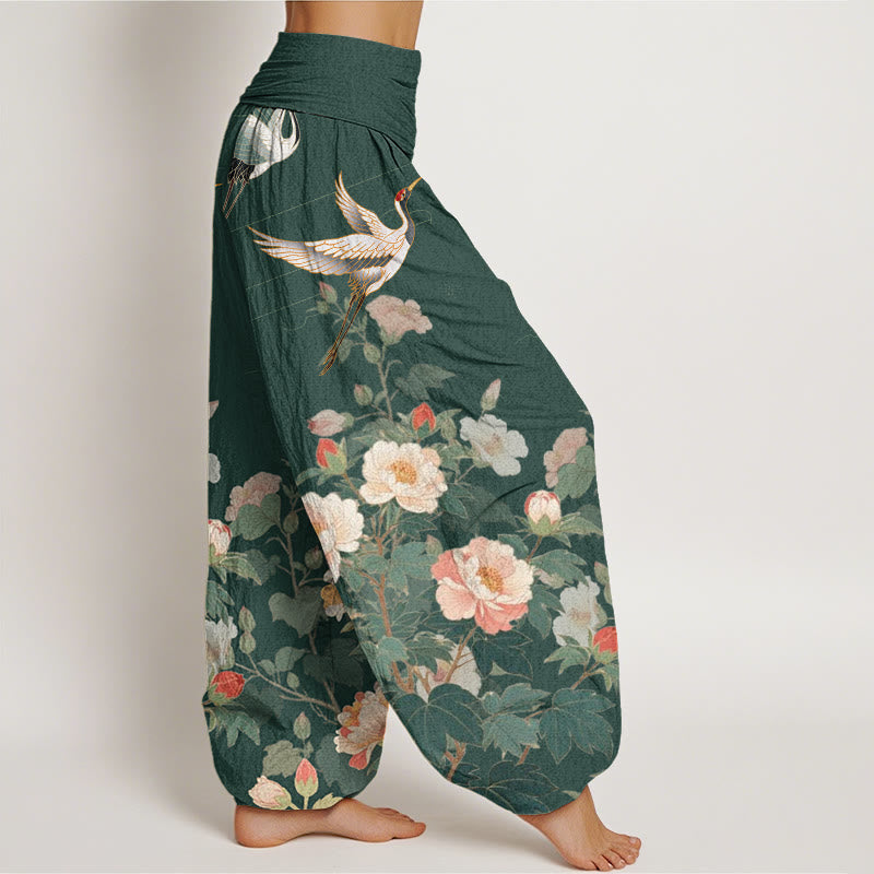 Pantalones harén con cintura elástica para mujer, con estampado de peonías y grullas informales de Buddha Stones - image 6