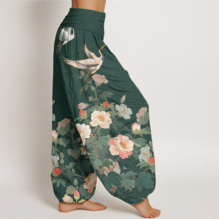 Pantalones harén con cintura elástica para mujer, con estampado de peonías y grullas informales de Buddha Stones - image 6