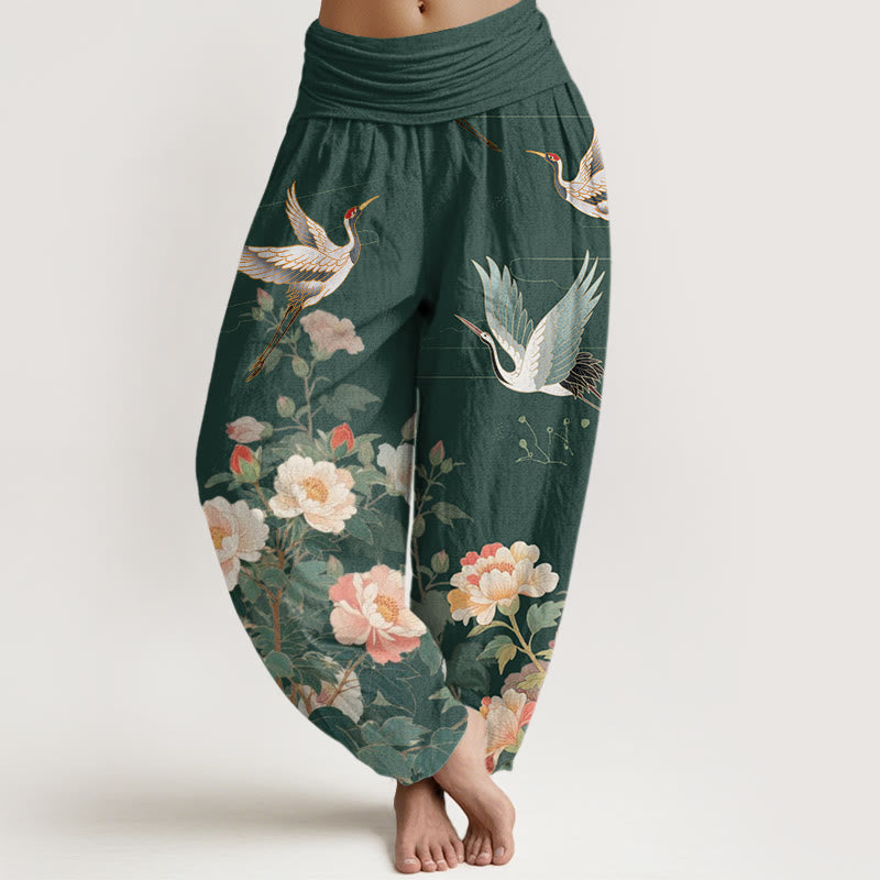 Pantalones harén con cintura elástica para mujer, con estampado de peonías y grullas informales de Buddha Stones - Verde oscuro - US22，UK/AU26，EU54 (6XL) - image 5