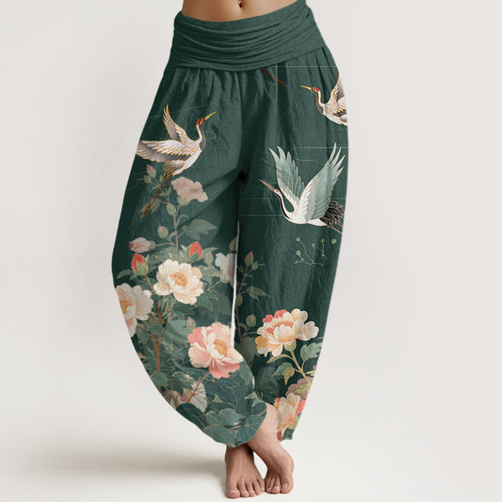 Pantalones harén con cintura elástica para mujer, con estampado de peonías y grullas informales de Buddha Stones - Verde oscuro - US22，UK/AU26，EU54 (6XL) - image 5