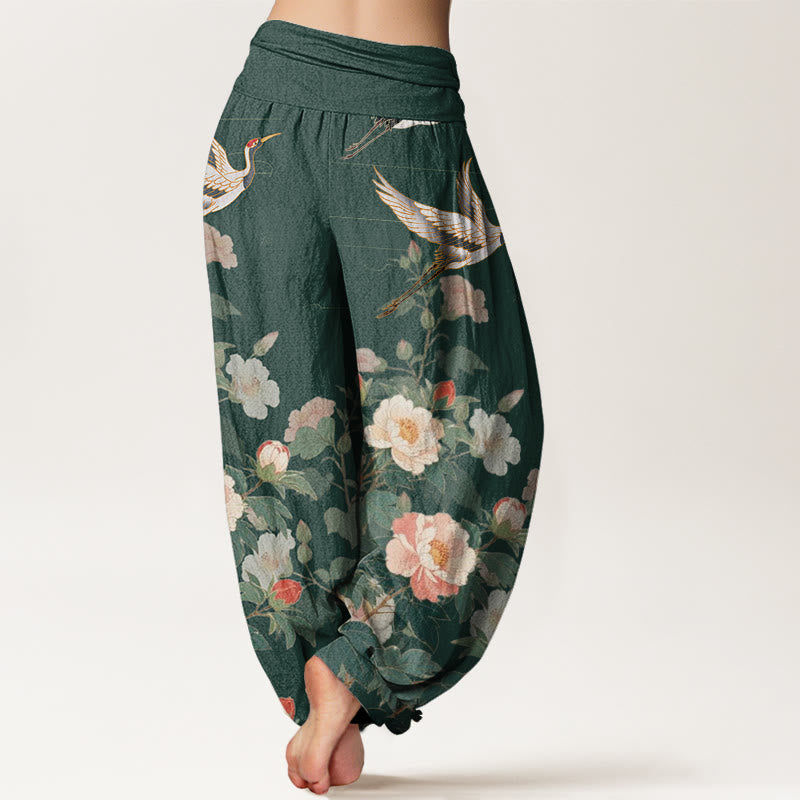 Pantalones harén con cintura elástica para mujer, con estampado de peonías y grullas informales de Buddha Stones - image 7